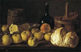 Картина Натюрморт з хлібом, яблуками і сиром, Луїс Егідио Мелендес