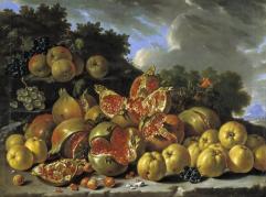 Картина Натюрморт з гранатами, яблуками, вишнями та виноградом у пейзажі, Луїс Егідио Мелендес